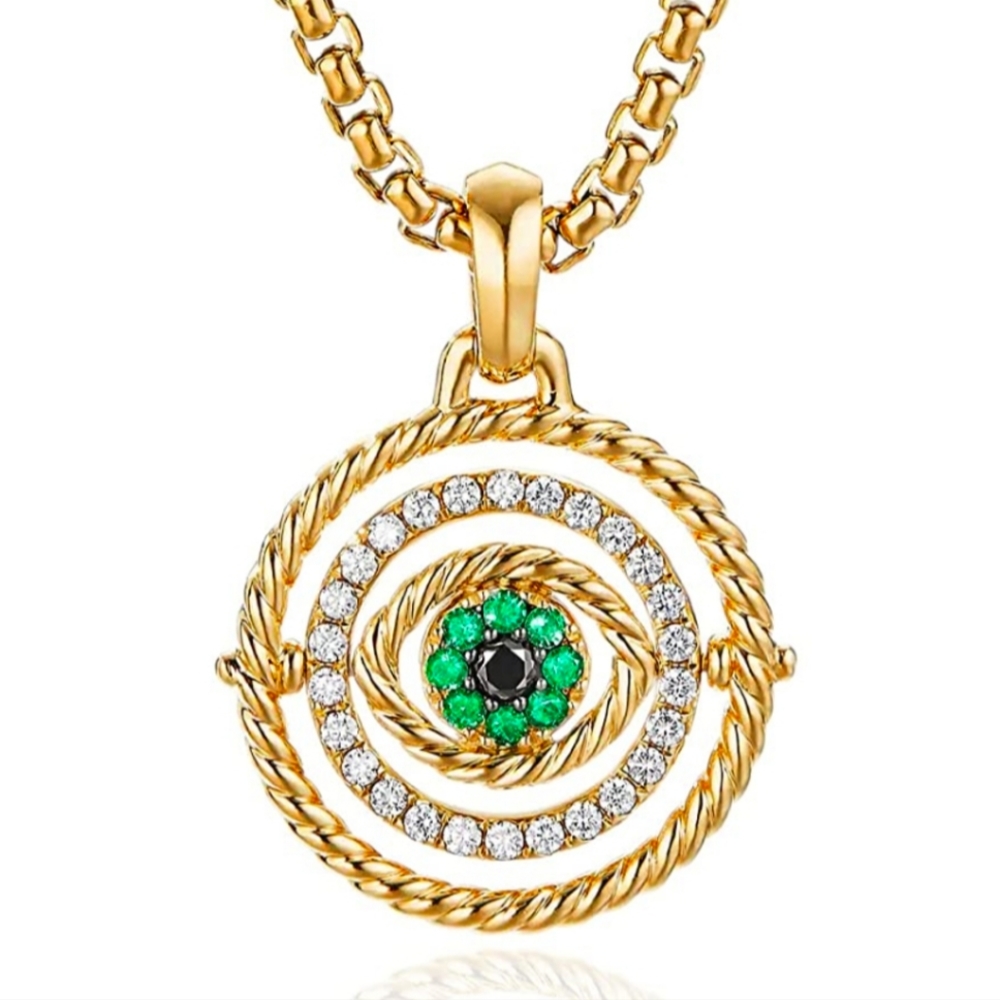 14k Gold & Green Evil Eye Pendant Necklace with CZ Diamonds